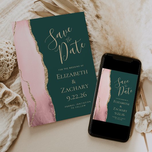 Save The Date Rose Pâle Or Agate Vert Émeraude Mariage