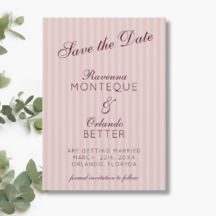Save The Date Rose Pâle Rétro Rayures Bourgogne Mariage