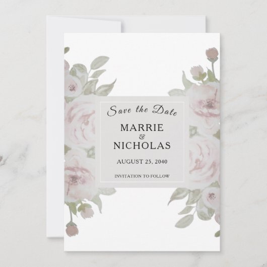 Save The Date Rose pâle Rose Floral Aquarelle Vert (Devant)