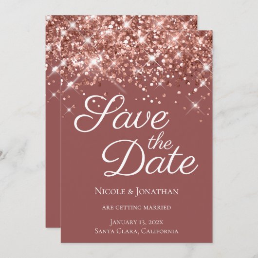 Save The Date Rose Parties scintillant or brique Élégante callig (Devant / Derrière)