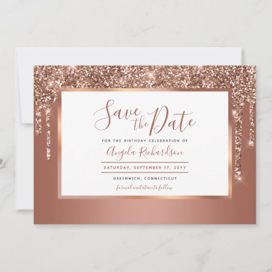 Save The Date Rose Parties scintillant or gouttes étincelante fê (Devant)