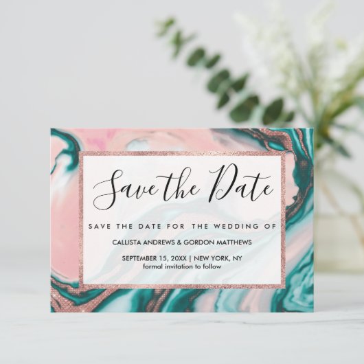 Save The Date Rose Parties scintillant or rose Turquoise marbre  (Debout devant)