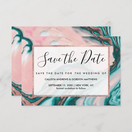 Save The Date Rose Parties scintillant or rose Turquoise marbre  (Devant / Derrière)