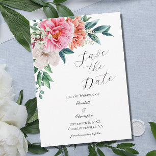 Save The Date Rose Peach Blanc Floral Peony Elégant Mariage