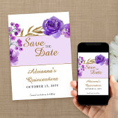 Save The Date Rose pourpre et feuille d'or Quinceanera Photo