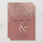 Save The Date Rose Poussiéreuse Glitter Or Confettis Mariage (Devant / Derrière)