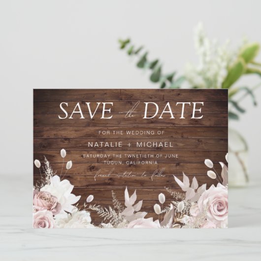 Save The Date Rose poussiéreux et Mariage flou rustique Boho (Debout devant)