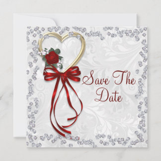 Save The Date Rose romantique, Diamants et Ruban Rouge de Mariag