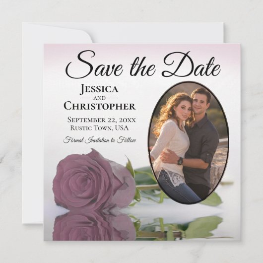 Save The Date Rose romantique Dusty Mauve avec Mariage Oval Phot (Devant)