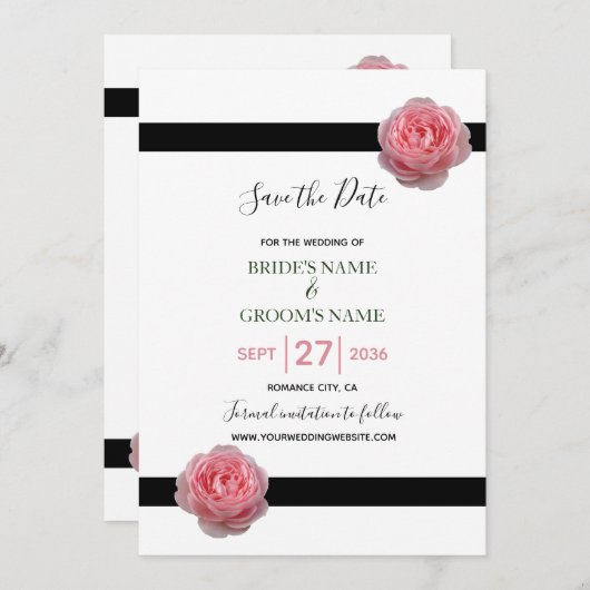 Save The Date Rose Rose Noir Ruban Mariage Enregistrer La Date (Devant / Derrière)