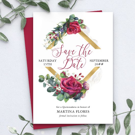 Save The Date Rose rouge et Eucalyptus Elegant Quinceanera