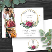 Save The Date Rose rouge et Eucalyptus Gold Frame 3 Mariage phot