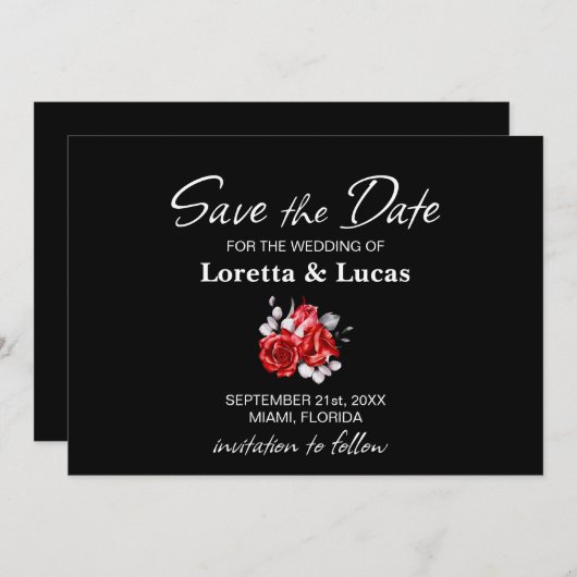 Save The Date Rose rouge Floral Mariage noir (Devant / Derrière)