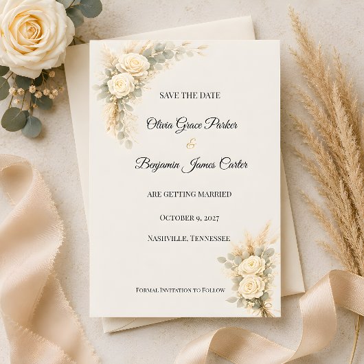 Save The Date Rose Rustique de Luxe avec Herbe de Pampa