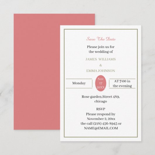 Save The Date Rose Simple Et Vert Customisé (Devant / Derrière)