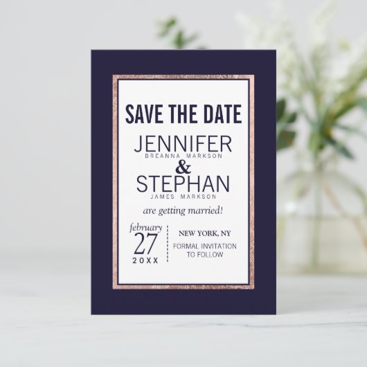 Save The Date Rose simple Gold Linked Marine Mariage bleu (Debout devant)