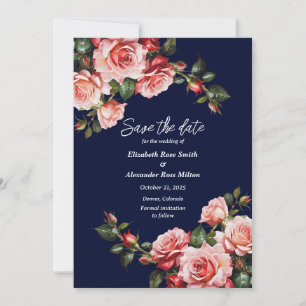 Save The Date Rose sombre et rouge roses bleu marine mariage