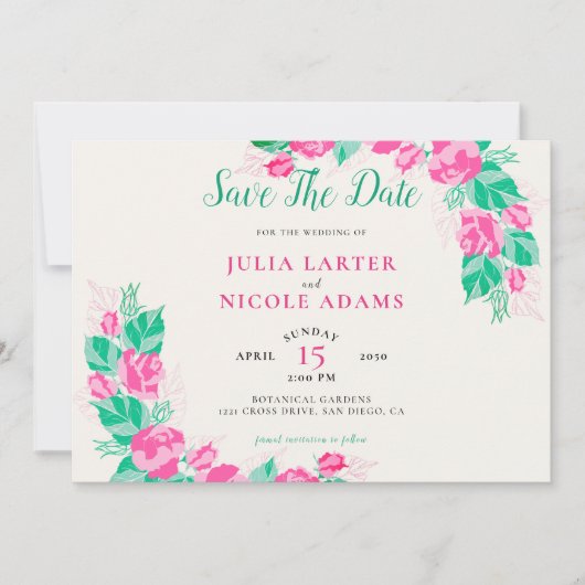 Save The Date Rose Vert Rose Pétales Fleurs Jardin Mariage (Devant)