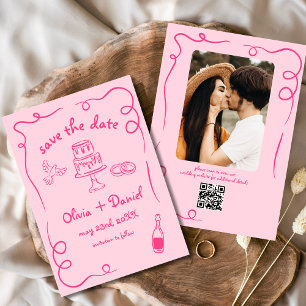 Save The Date Rose vif Photo de mariage fantaisiste dessinée à l