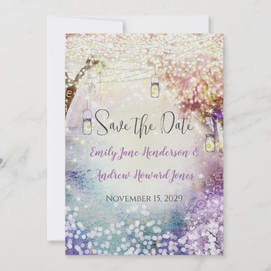 Save The Date Rose violet bleu Fairy Lights Boho Forest Mariage (Devant)