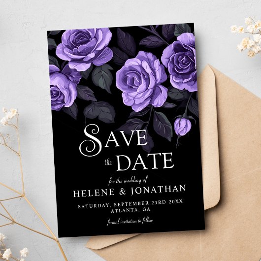 Save The Date Rose violet sombre Moody Floral gothique Mariage