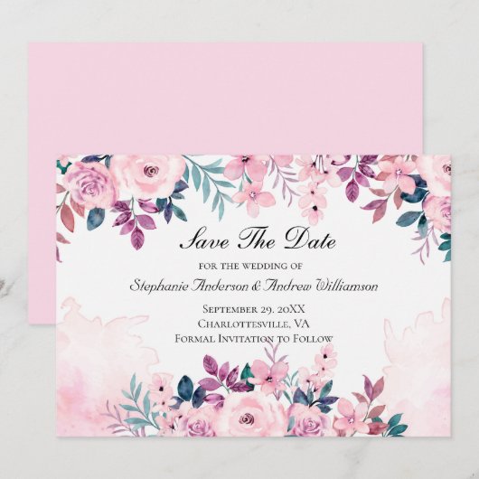 Save The Date Rose Violet Vert Floral Aquarelle Mariage (Devant / Derrière)