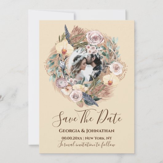 Save The Date Rosée beige rustique fleurie wreath photo boho bei (Devant)