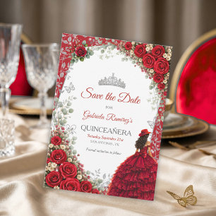 Save The Date Roses aquarelles rouges et argent Quinceañera