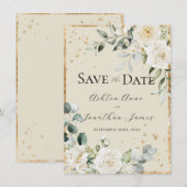 Save The Date Roses blanches Crème doré Élégant Mariage moderne (Devant / Derrière)