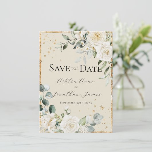 Save The Date Roses blanches Crème doré Élégant Mariage moderne (Debout devant)