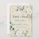 Save The Date Roses blanches Crème doré Élégant Mariage moderne (Devant)
