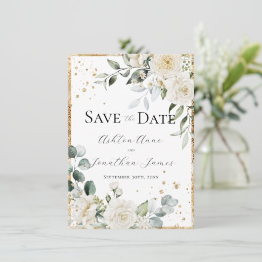 Save The Date Roses blanches élégance moderne mariage or (Debout devant)