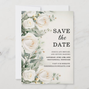 Save The Date Roses blanches Élégance végétale Mariage