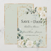 Save The Date Roses blanches élégantes mariage moderne or vert (Devant / Derrière)