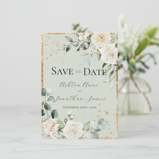 Save The Date Roses blanches élégantes mariage moderne or vert (Debout devant)