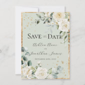 Save The Date Roses blanches élégantes mariage moderne or vert (Devant)