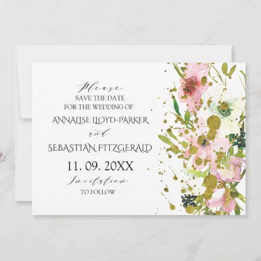 Save The Date Roses blanches et blanches avec éclats d'or mariag (Dos)