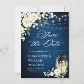 Save The Date Roses blanches Mariage de lanterne en bois bleu (Devant)