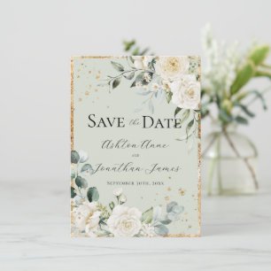 Save The Date Roses blanches or vert élégant mariage moderne