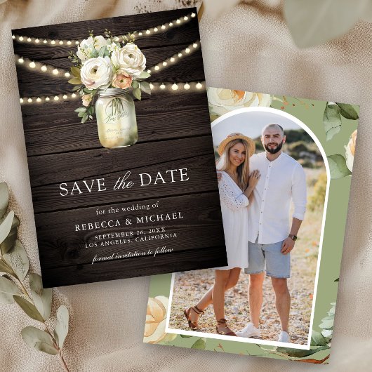 Save The Date Roses Blanches Pot en Verre Photo Bois Mariage