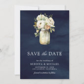 Save The Date Roses blanches Pot Mason Photo Mariage Bleu marine (Devant)
