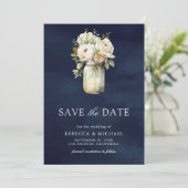 Save The Date Roses blanches Pot Mason Photo Mariage Bleu marine (Debout devant)