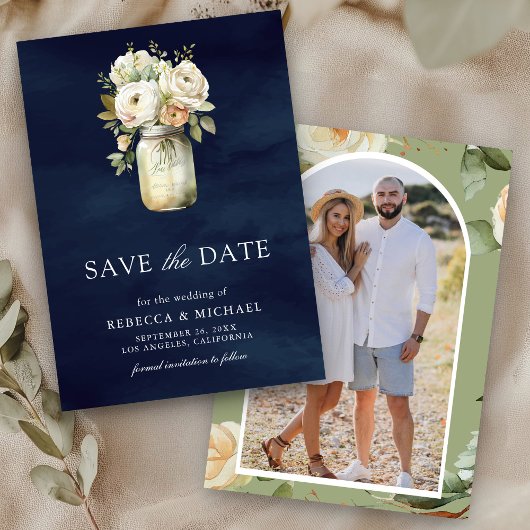 Save The Date Roses blanches Pot Mason Photo Mariage Bleu marine