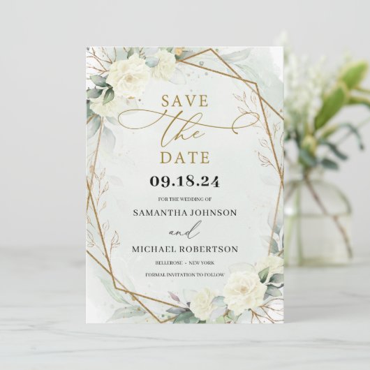 Save The Date Roses blanches rustiques Eucalyptus Vert Or (Debout devant)
