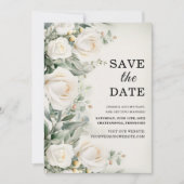 Save The Date Roses blanches Verdure Mariage élégant (Devant)