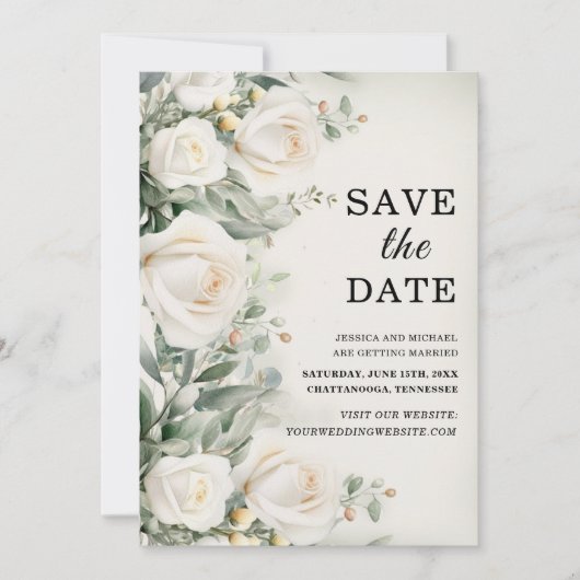 Save The Date Roses blanches Verdure Mariage élégant (Devant)