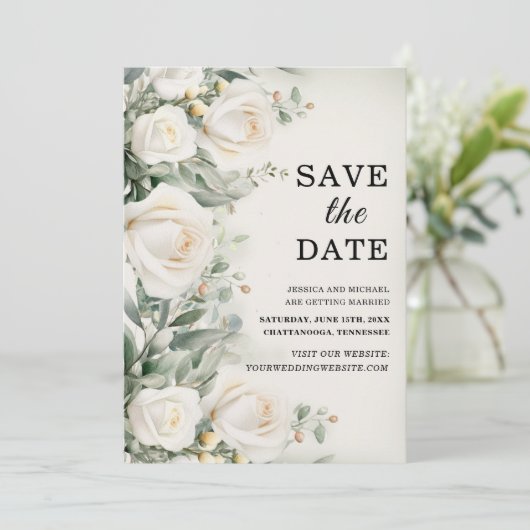 Save The Date Roses blanches Verdure Mariage élégant (Debout devant)