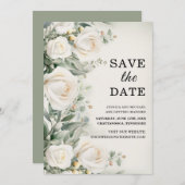 Save The Date Roses blanches Verdure Mariage élégant (Devant / Derrière)