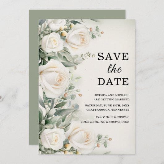 Save The Date Roses blanches Verdure Mariage élégant (Devant / Derrière)