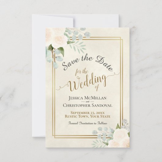 Save The Date Roses blancs ou Pêche et Mariage Eucalyptus Boho (Devant)
